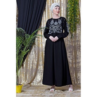 Designer embroidery abaya with cuff sleeves- black-silver